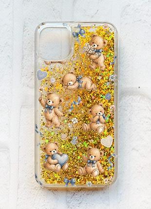 Чохол з плаваючими золотими блискітками на iphone 11 плюшеві ведмежата (принт 430)