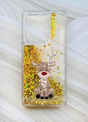 Чехол с плавающими золотыми блестками на xiaomi redmi note 13 4g олень новый год (принт 429)