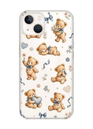 Прозрачный чехол с защитой камеры на iphone 14 plus плюшевые медвежата (принт 430)