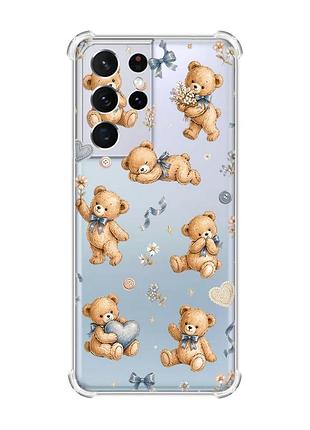 Чехол с утолщёнными углами на samsung galaxy s21 ultra плюшевые медвежата (принт 430)