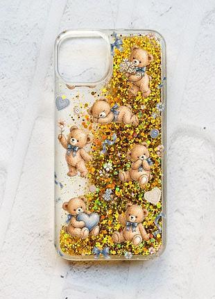 Чехол с плавающими золотыми блестками на iphone 13 плюшевые медвежата (принт 430)
