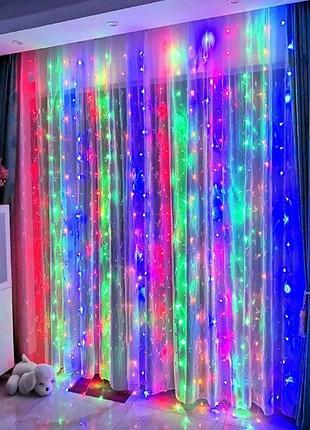 Світлова гірлянда rgb «водоспад» 3×2 м, led, пульт керування та крючки в комплекті