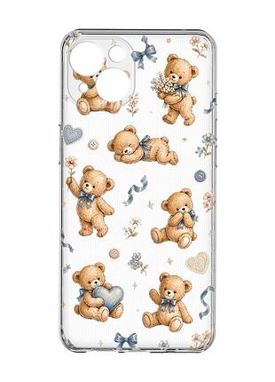 Прозрачный чехол с защитой камер на iphone 15 плюшевые медвежата (принт 430)