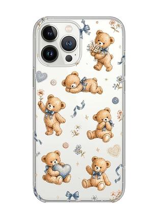 Прозрачный чехол с защитой камеры на iphone 14 pro плюшевые медвежата (принт 430)