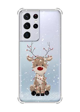 Чехол с утолщёнными углами на samsung galaxy s21 ultra олень новый год (принт 429)
