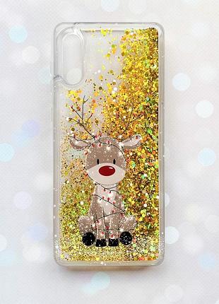 Чехол с плавающими золотыми блестками на samsung galaxy a02/a022 (2021) олень новый год (принт 429)
