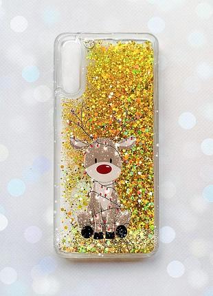 Чехол с плавающими золотыми блестками на samsung galaxy a50 (2019) a505f олень новый год (принт 429)
