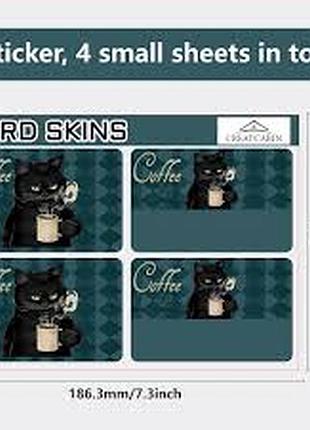 Набор виниловых наклеек (card skins) для банковских карт с изображением черного кота, который пьет кофе.