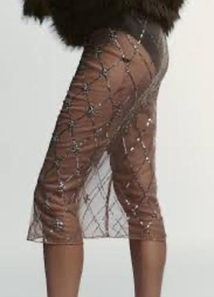 Zara beaded embroidered midi skirt | розкішна спідниця з паєтками та кристалами s-m  оригінальна спідниця zara woman артикул 3772/451/622