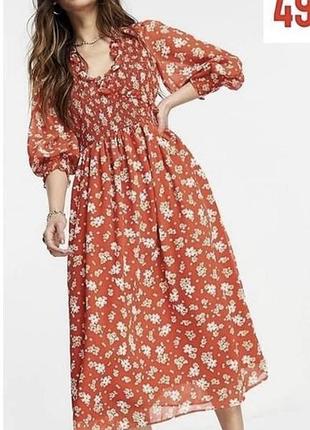 Asos шифонова сукня міді, шифонова сукня з довгим рукавом, сукня в квітковий принт, плаття