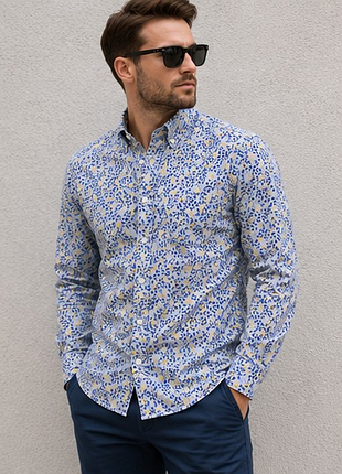 Оригинальная рубашка gant regular fit голубая с цветочным принтом 100% хлопок l xl