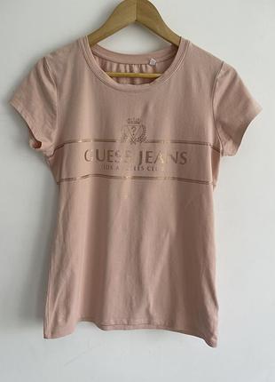 Оригінальна рожева футболка guess з золотим логотипом, розмір m-l