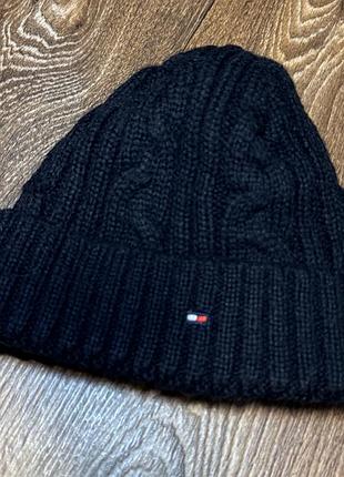 Tommy hilfiger оригинал шапка черная вязанная с мехом,томми хилфигер шапочка оригинальная,томмі хілфігер чорна шапка тепла