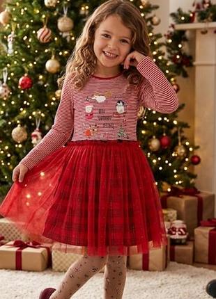 Нарядное платье в новогодний принт на девочку 6-7 лет next