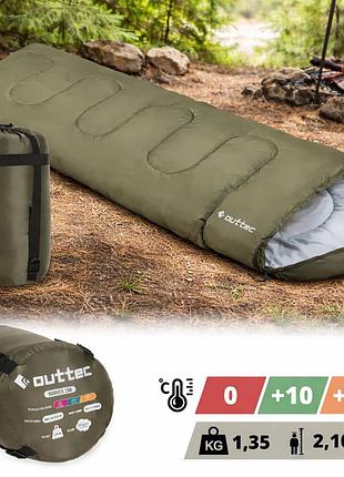 Спальный мешок одеяло outtec hooded с капюшоном 0...+15°c 1,35 кг, 250 г/м2 компрессионный мешок демисезон хаки