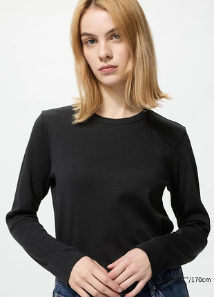 Гладка бавовняна футболка з еластичного матеріалу (з довгим рукавом) uniqlo жіночий базовий лонгслів