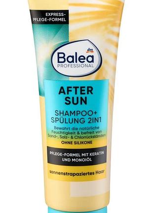 Шампунь и кондиционер 2 в 1 balea professional after sun предназначен для ухода за волосами, поврежденным или истощенным солнцем.