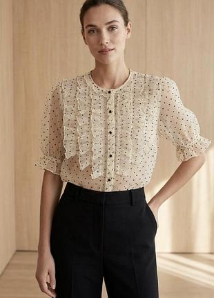 Нежная прозрачная невесомая блуза zara в горошек с рюшами и акцентными пуговицами