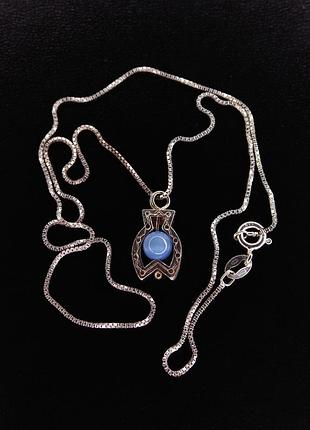 Серебряный кулон с камнем кошачий глаз, на цепочке