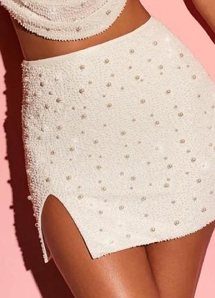 Спідниця біла , юбка в перлини , бісер , блискуча , паєтки міні zara , mango oh polly massimo dutti bershka