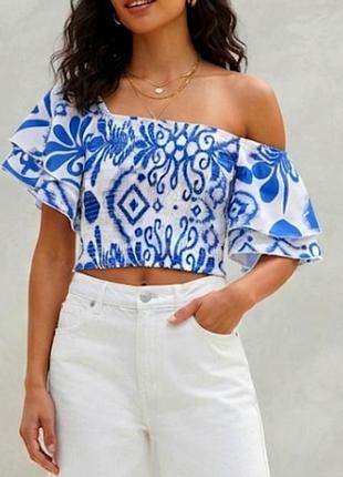 Стильный укороченный топ shein в сине-белом средиземноморском стиле 💙🤍