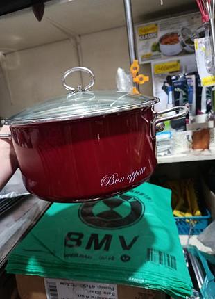 Каструля бренду interos із серії bon appetit (червона / бордова з написом). усі види плит (газові, електричні, індукційні, склокерамічні)