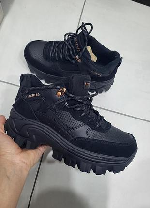 Женские ботинки skechers street blox – kewl (модель 177240 bbk) черного цвета с массивной подошвой.36-37
