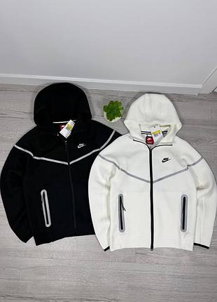 Мужская худи nike tech fleece на молнии с капюшоном | теплая кофта найк тех флис | черная / белая | зипка найк | зип-худи найк