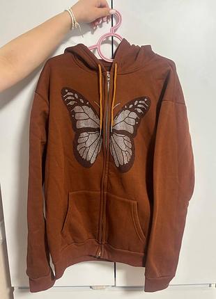🤎 коричневе худі на блискавці з великим принтом метелика 🦋