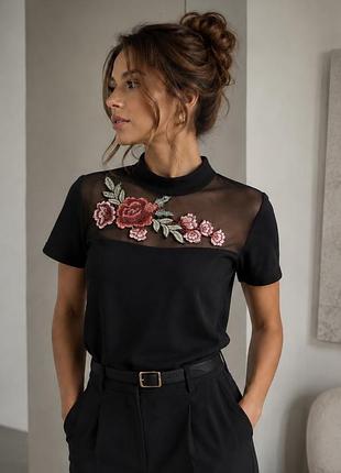 Чорна блуза boohoo з вишивкою троянд і сіткою, розмір s 36