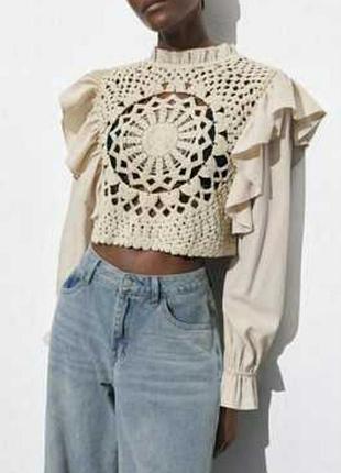 Укорочений кроп топ zara кремового кольору мереживо кроше/0000h/