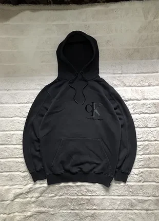 Calvin klein jeans (s) hoodie black мужское худи черное оригинал флис