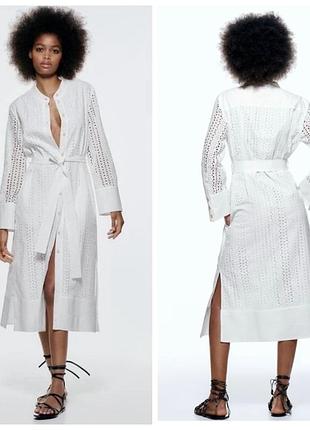 Хлопковое платье рубашка миди из прошвы zara