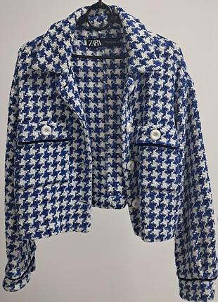 Стильный бело-синий короткий пиджак zara fashion tweed jacket coat модный синий жакет blue &amp; white patterned zara jacket houndstooth