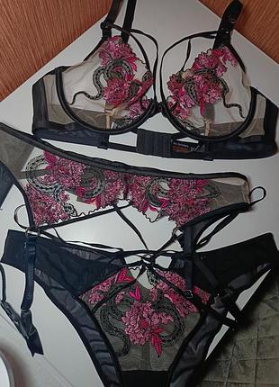 Комплект жіночої нижньої білизни ann summers сіточний чорний з вишивкою 80d
