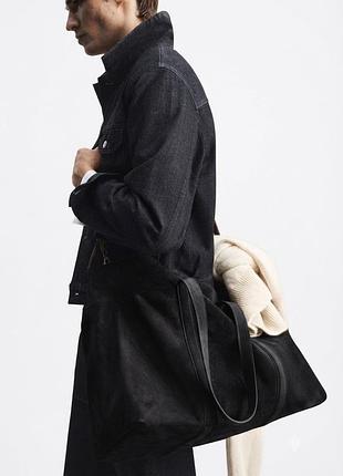 Замшева чоловіча велика сумка тоут від преміальної лінійки zara man black tag