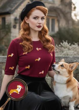 Джемпер banned retro "the queens corgi jumper" m-ка з вишитим принтом коргі, винно-червоний, віскоза