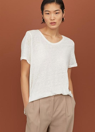 Белая льняная футболка с круглым вырезом от h&amp;m
