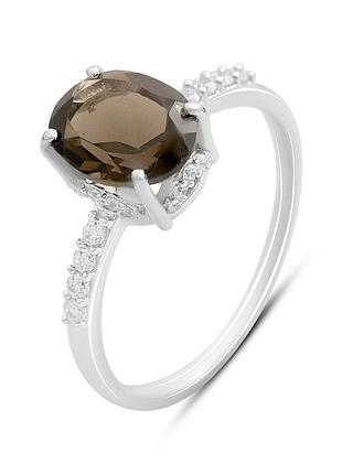 Срібне кільце proba з натуральним раухтопазом (димчастим кварцем) 2.12ct, фіанітами, вага виробу 1,99 г (2207269) 17.5 розмір