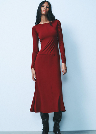 Жіноча довга темно-червона бордова сукня гостре zara вечірнє ошатне плаття русалока максі розмір 48 зара оригінал по фігурі декоративні кишені