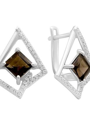 Срібні сережки proba з натуральним раухтопазом (димчастим кварцем) 2.694ct, фіанітами (2204381)