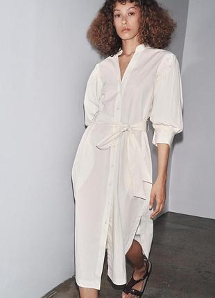 Хлопковое платье-рубашка миди с рукавами буфами zara - s, m, xl