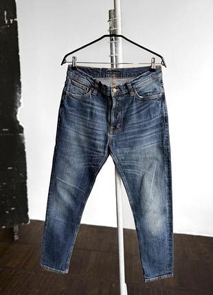Nudie jeans co mens blue organic cotton button fly denim jeans чоловічі, сині, джинси, штани, денім, на ґудзиках, завужені, нуді джинс