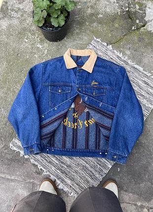 Вінтажна рідкісна джинсова шерпа rustler у стилі carhartt detroit з вовняним підкладом з великим вишитим логотипом орла на спині й маленьким спереду