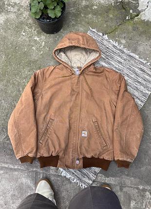 Вінтажна рідкінса джинсова куртка carhartt active jacket утеплена вогнетривка з маленькими логотипами в потертому стилі