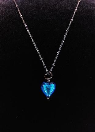 Серебряный кулон-подвеска сердце из муранского стекла на серебряной цепочке