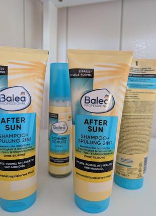 Линейка средств balea professional after sun, предназначена для ухода за волосами, подвергающимися воздействию солнца, соли и хлор