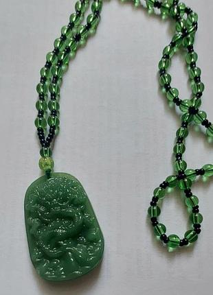 Вінтажний сотуар (rope necklace) з кулоном «дракон» у східному стилі, пекінське скло.
