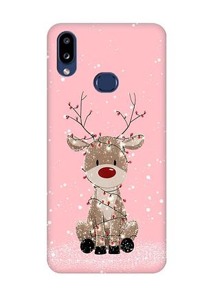 Матовый розовый чехол на samsung galaxy a10s (a107) олень новый год (принт 429)