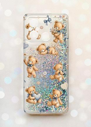 Чехол с плавающими серебряными блестками на xiaomi redmi 12c плюшевые медвежата (принт 430)